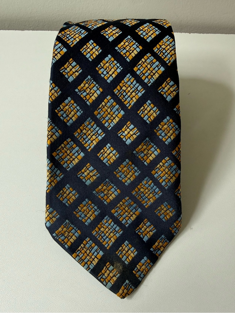 Givenchy Navy Silk Tie with Gold and Light Blue Mosaic Squares